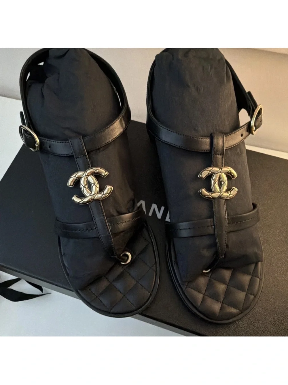CHANEL G39740 Black Quilted Leather CC Logo Ankle Strap Sandals EU 39 NWB